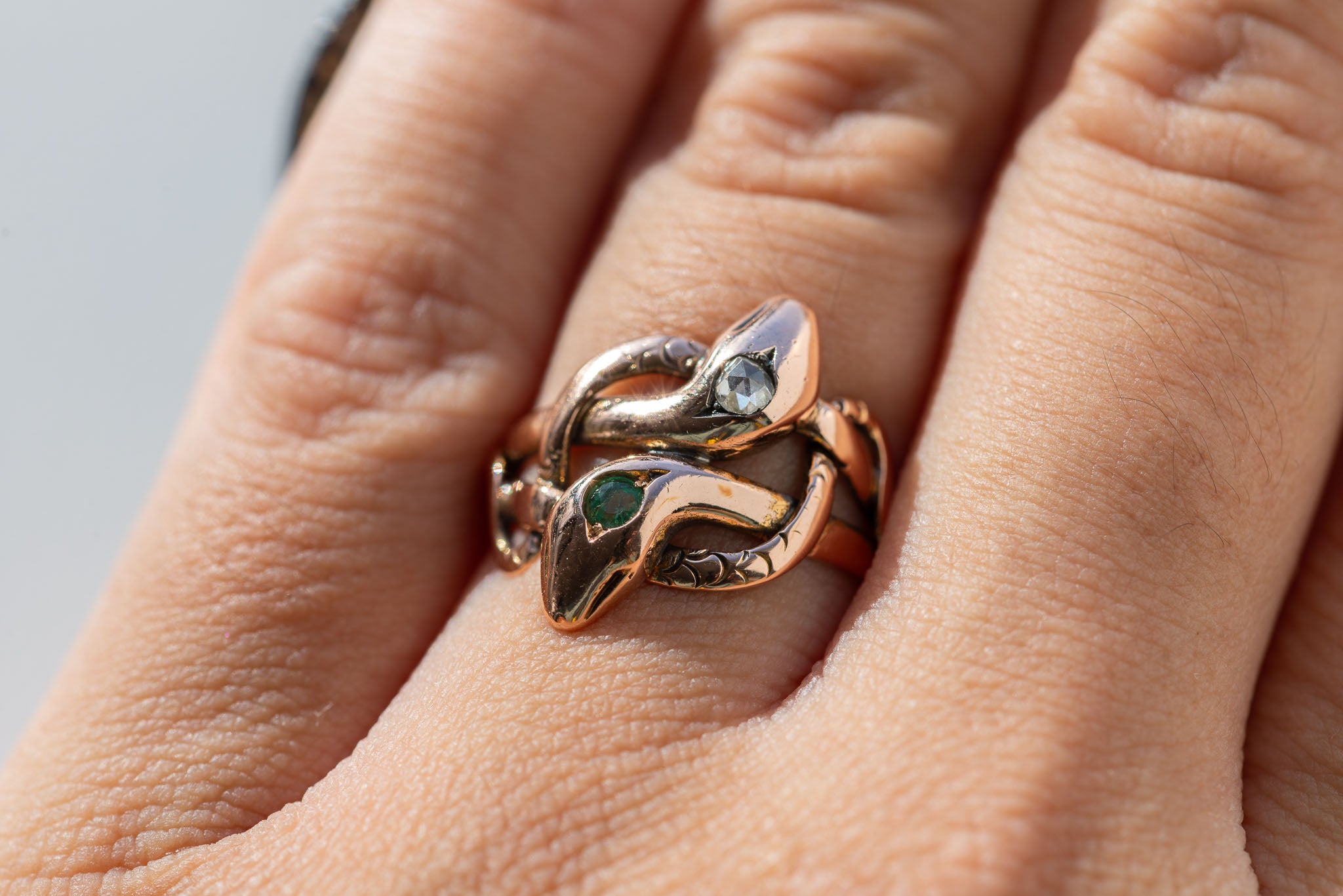 Victorian Entwined Double Emerald Rosecut Diamond Snake Ring