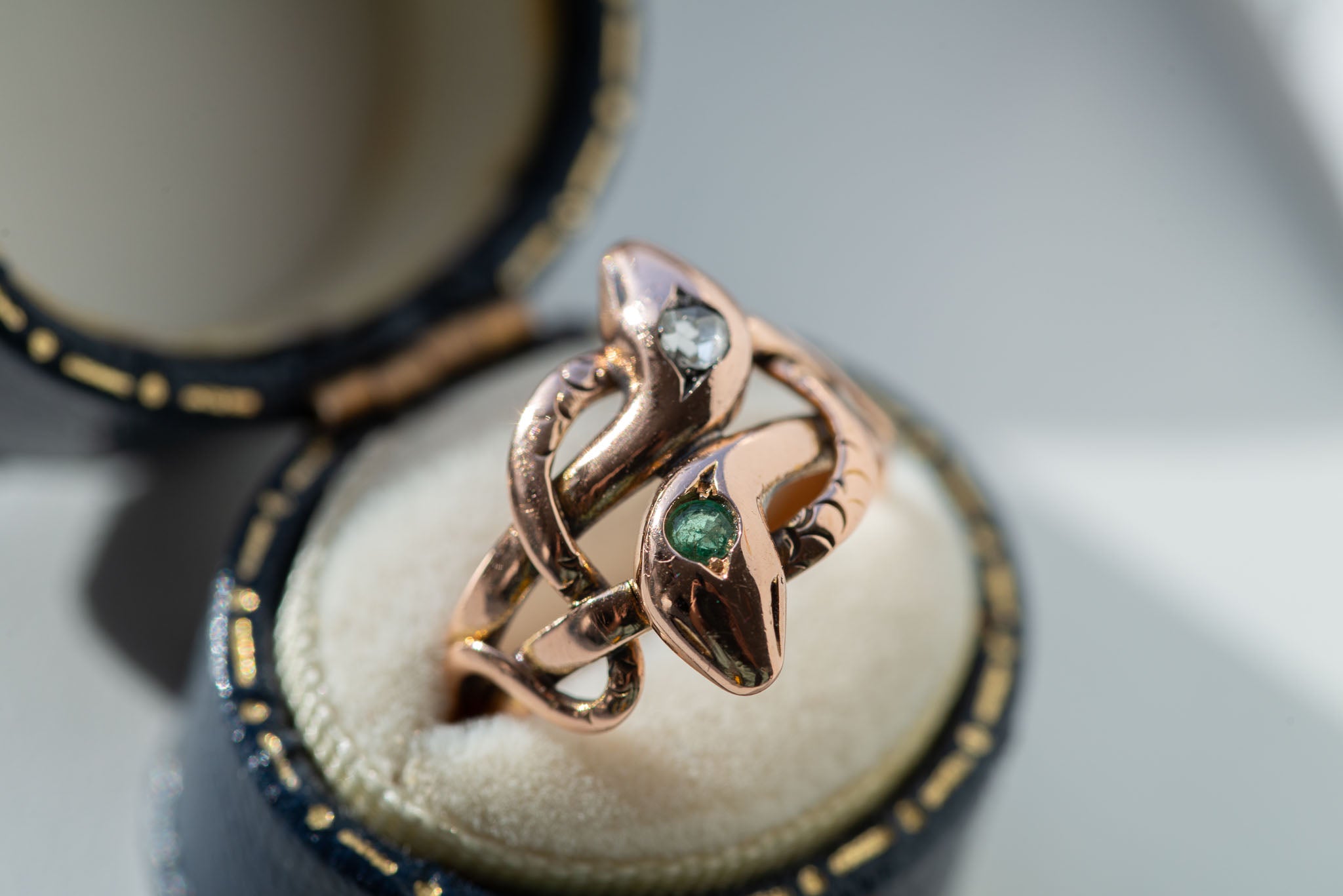 Victorian Entwined Double Emerald Rosecut Diamond Snake Ring - LUXORIA VITA