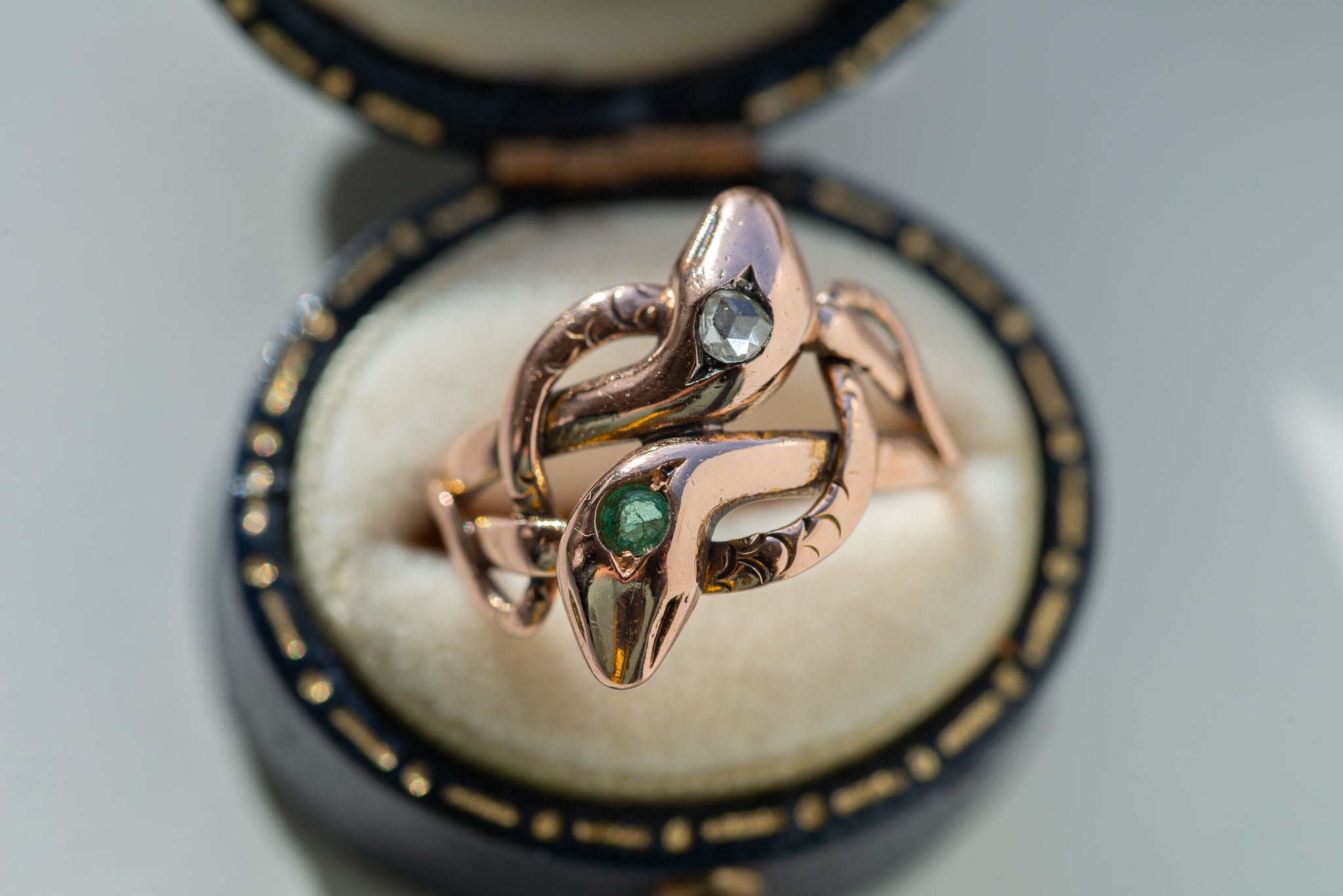 Victorian Entwined Double Emerald Rosecut Diamond Snake Ring