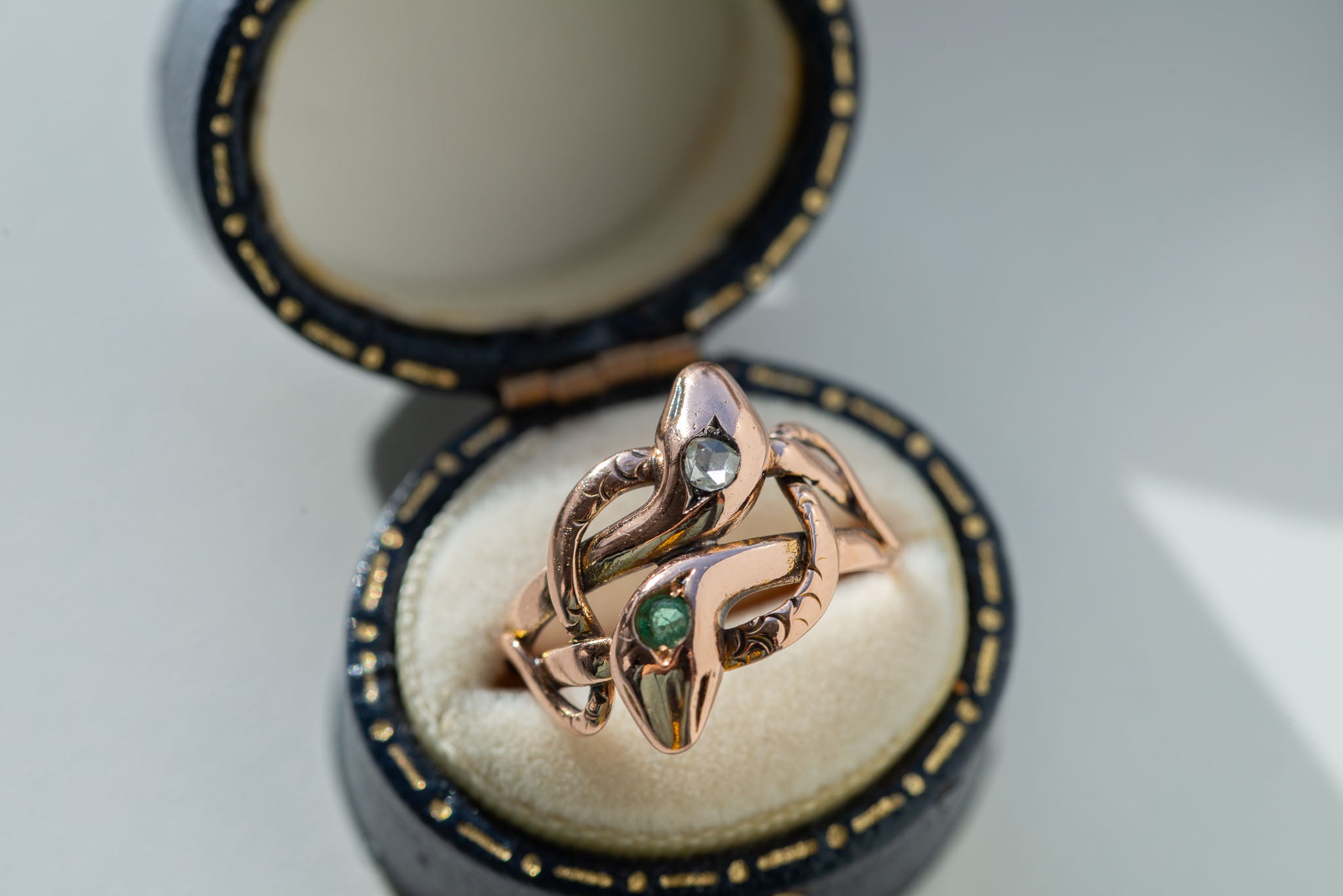 Victorian Entwined Double Emerald Rosecut Diamond Snake Ring - LUXORIA VITA
