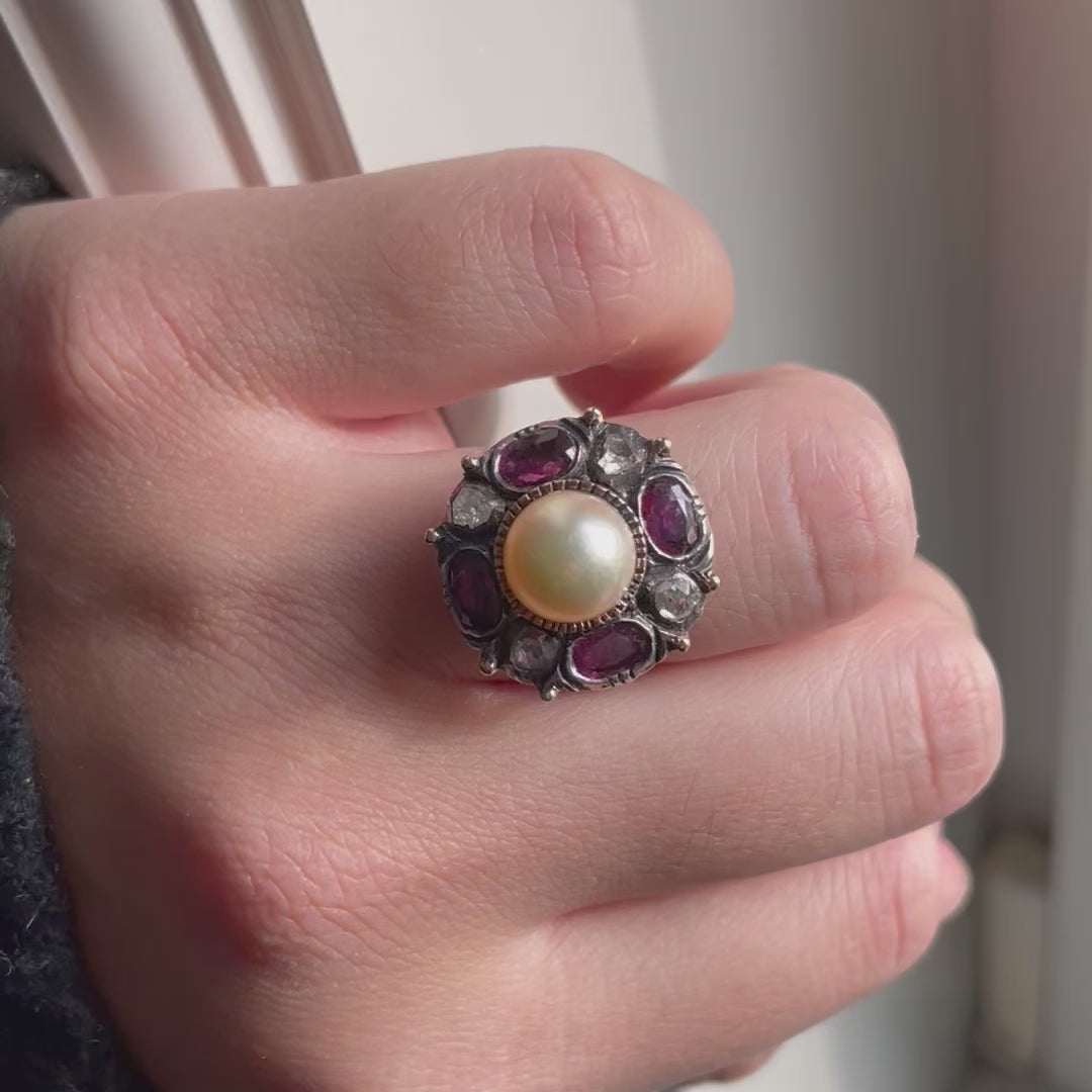 Vintage Roségezaagde Diamant Robijn Parel Ring