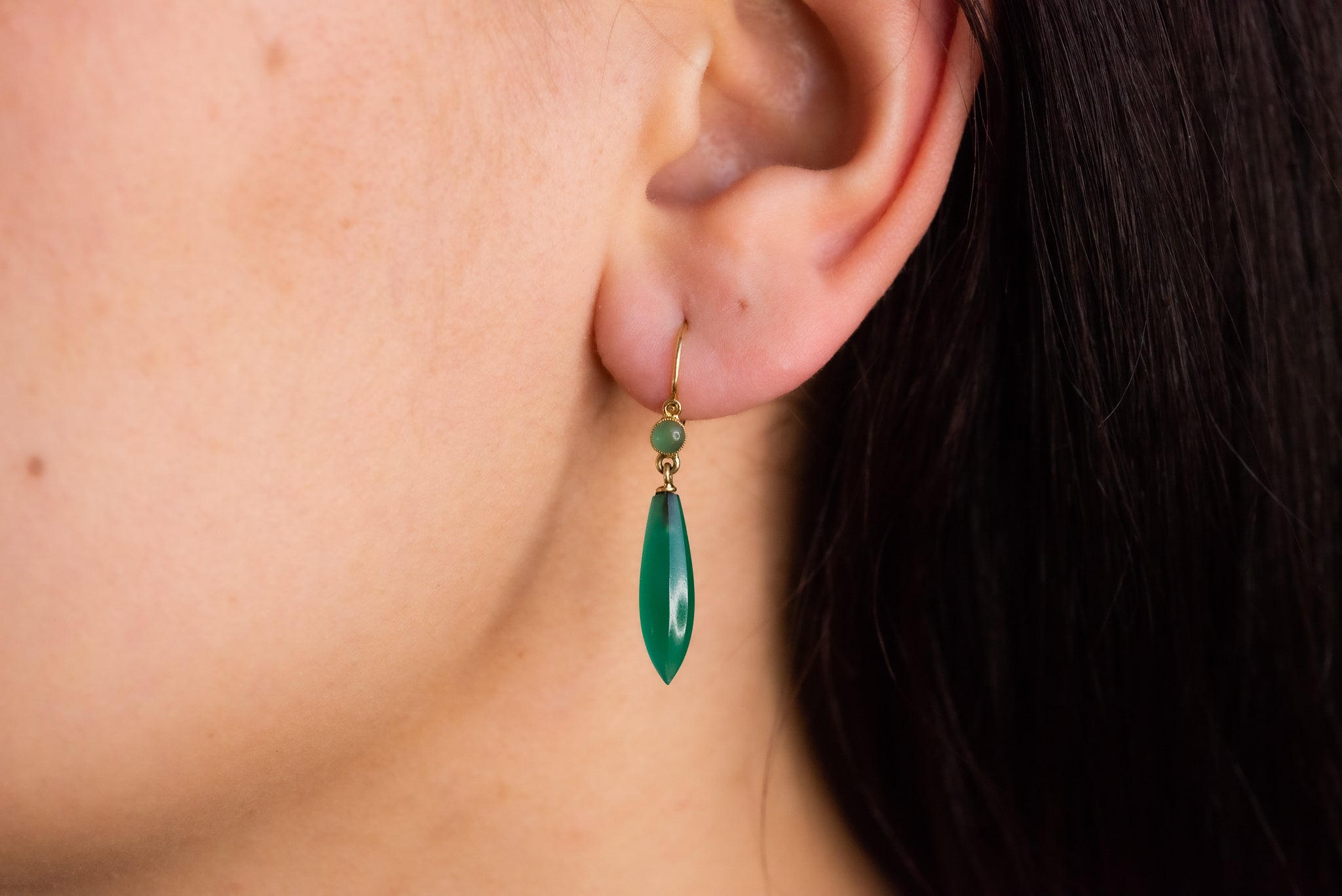 Antique 1880's High Carat Torpedo Chrysoprase Drop Earrings - Luxoria Vita